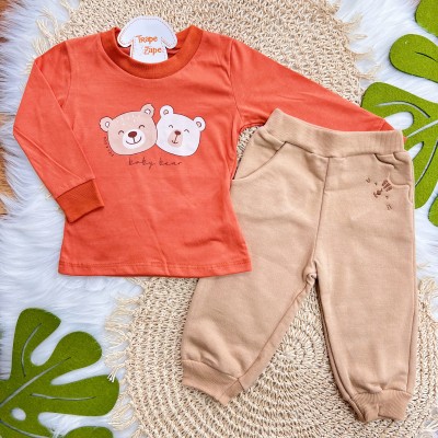 Conj. Blusa Manga Longa Baby Bear e Calça de Moletom - Laranja e Areia